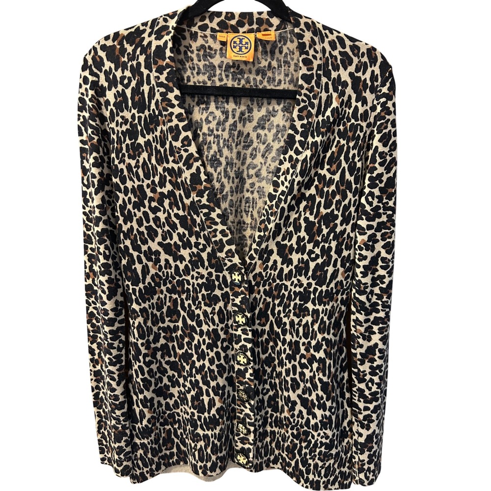 Tory Burch Simone Leopard Print Merino Wool V-Neck Cardigan Sweater XS